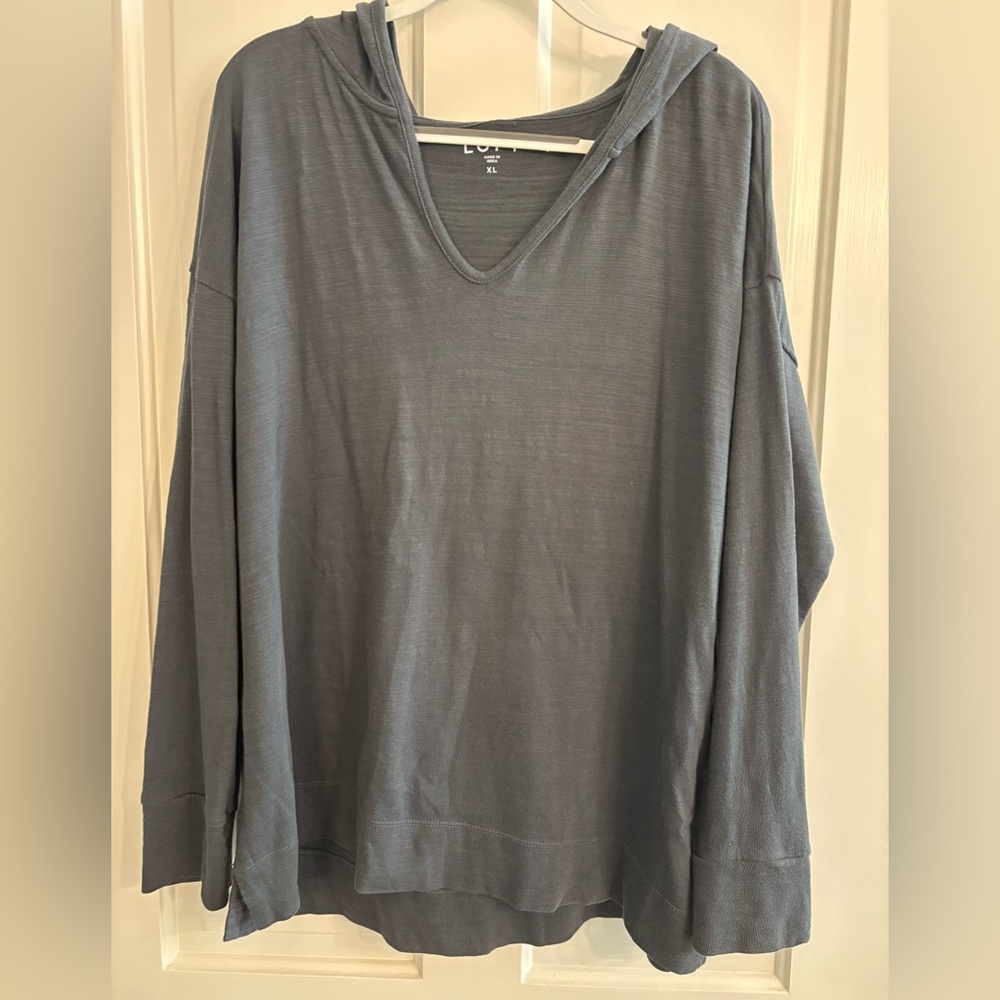 LOFT Gray Hooded Long Sleeve Top